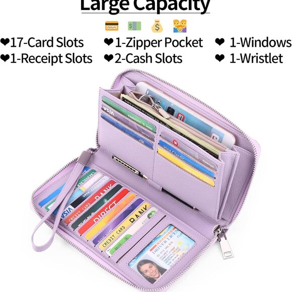 Womens Wallet RFID Blocking Leather Zip Around Wallet Large Capacity Long Purse - Picture 5 of 7